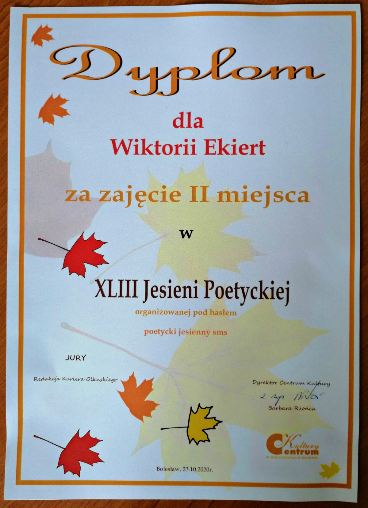 2 miejsce dla naszej uczennicy w XLIII Jesieni poetyckiej